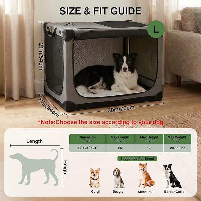 30" L x 21" W x 21" H Collapsible Travel Dog Crate, Portable Soft Dog Kennel for Medium Dogs up to 45 lbs, 4-Door Foldable Travel Crate with Durable Mesh & Storage Bag, Grey