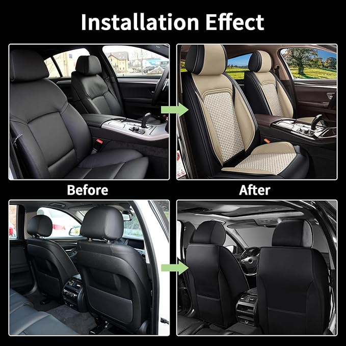 Car Seat Covers Front Seats for Nissan Pathfinder 2011-2024 2025 2026 - Breathable Cooling Ice Silk Leather Seat Cover - 2 Seats for Nissan Pathfinder Accessories (Black&Beige)