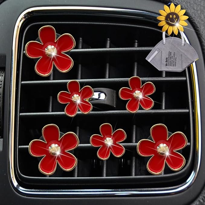 6 Pcs Red Cute Daisy Air Vent Clips, Flower Outlet Clip Car Air Fresheners with Mask Hook, for Car Interior Decoration Accessories Decor Charm Bling Car Accessories Decoration for Women