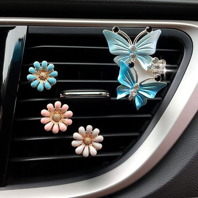 Bling Butterfly Car Air Vent Clip, Cute Rhinestone Air Freshener Clip, Glam SUV Outlet Vent Decorations, Charm Car Inter Decor Accessories for Girls Women (2Pink + 2Blue)
