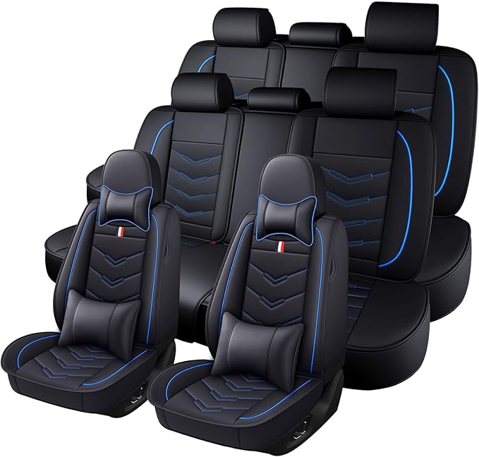 Car Seat Cover 8 Seats for Toyota Highlander 2001-2025, Waterproof Durable Premium Leather Car Seat Protector, Comfortable Anti-Slip Stylish Sport Seat Cover(8 Seats Luxury,Black Blue)