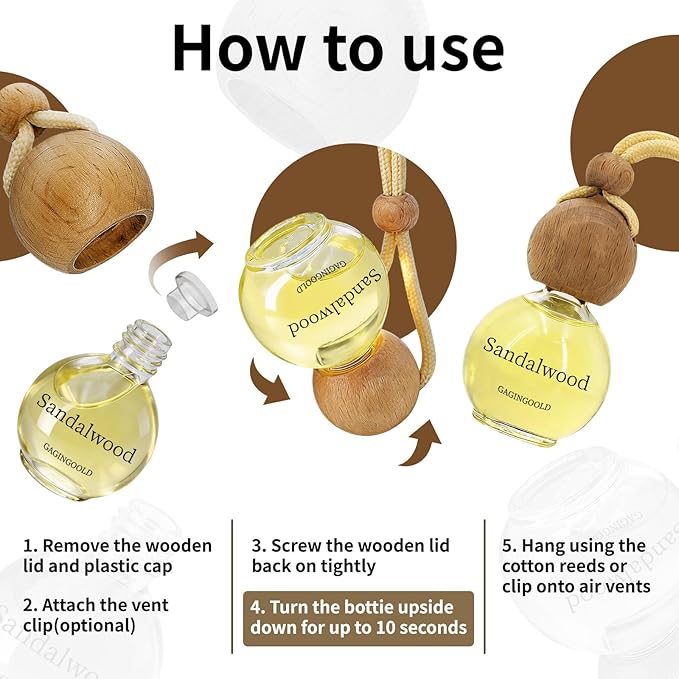 Car Air Freshener Hanging 2 Pack, Sandalwood Scent Essential Oil Diffuser Long Lasting Up to 150 Days, Cute Car Accessories with 2 Vent Clip for Women Men Gift, Odor Eliminator