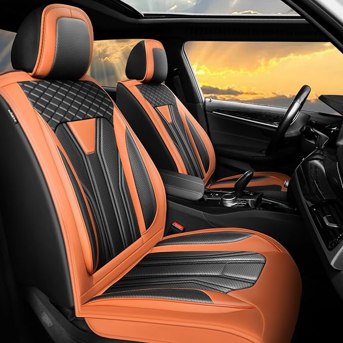 Fit Leaf Car Seat Covers Compatible with Nissan Leaf 2012-2025 2026 - Full Set Premium Leather， Waterproof Breathable， All-Weather Seat Cushion Protecto&Airbag Compatible （Orange&Black