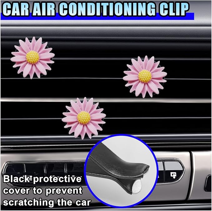 3PCS Daisy Flower Car Dashboard Air Vent Trim Clip, Cute Daisy Air Conditioner Outlet Clip Car Charm for Women, Car Air Vent Clip Auto Interior Decoration for Girls Present (Pink)