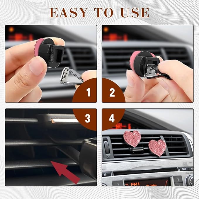 2PCS Heart-Shaped Car Vent Clip with Rhinestone, Car Vent Accessory, Bling Heart Charm Air Conditioning Outlet Clip, Auto Diffuser Air Freshener Charm for Women Girls (Pink, Heart)