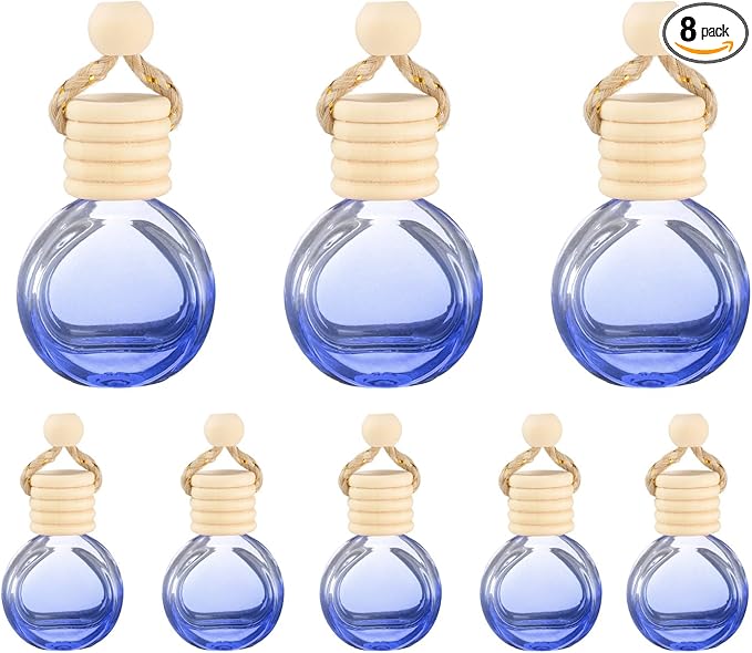 uxcell 8pcs Hanging Car Air Freshener Perfume Bottle, 10ml Pendant Empty Clear/Deep Blue Glass Essential Oil Aromatherapy Diffuser with Wooden Cap for Car Decor (Clear/Deep Blue, Round)