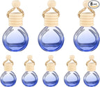 uxcell 8pcs Hanging Car Air Freshener Perfume Bottle, 10ml Pendant Empty Clear/Deep Blue Glass Essential Oil Aromatherapy Diffuser with Wooden Cap for Car Decor (Clear/Deep Blue, Round)