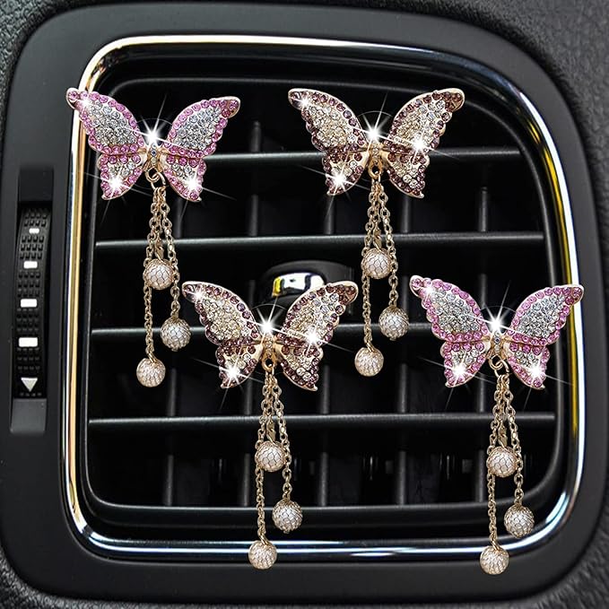 4 in 1 Bling Butterfly Aromatherapy Air Vent Clips, Diamond Pearl Pendant Butterfly Car Air Fresheners, Cute Car Decoration, Interior Decor