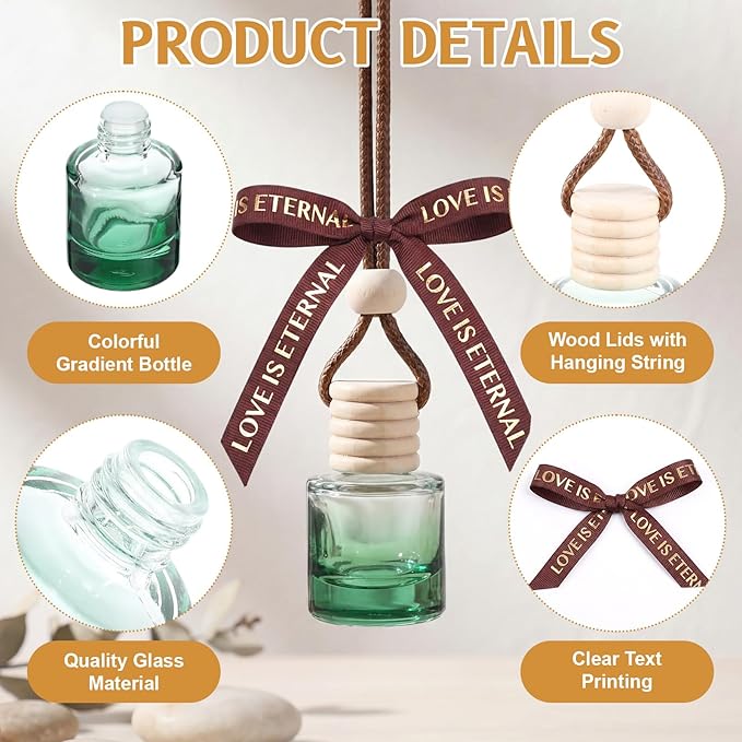 Mudder 50 Pcs Gradient Hanging Car Air Freshener Empty Clear Glass Diffuser Bottles for Essential Oils Perfume Pendant for Women Guests Wedding Favors Employee Appreciation Gifts(Cylinder,Colorful)