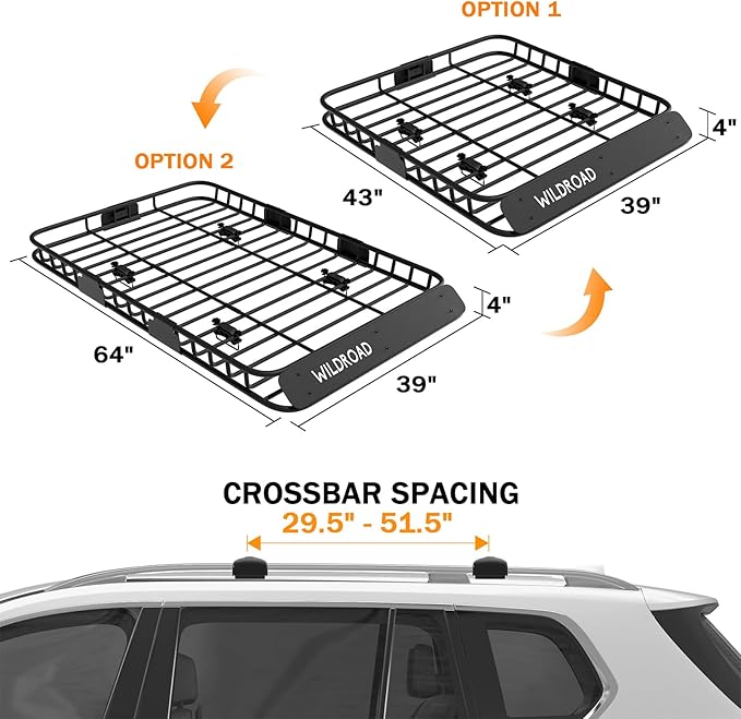 WILDROAD Car Roof Cargo Basket Combo of Upgraded 64"x 39"x 4" Roof Rack Cargo Basket with 21 Cubic ft Waterproof Cargo Bag, Cargo Net, Ratchet Straps and Anti-Rust Sealant