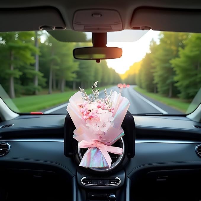 Pink Mini Dried Flowers Bouquet for Car Air Vent Clips, Car Air Outlet Perfume Decoration FlowerVent Clips Air Fresheners Interior Accessories Automotive