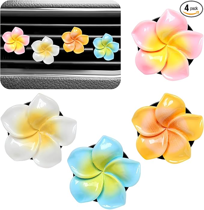 4PCS Flower Car Air Vent Clips, Cute Plumeria Automotive Air Fresheners Vents Clips Decoration, Girly Flower Auto Perfume Diffuser Decor Charm for Women (White+Pink+Orange+Blue)