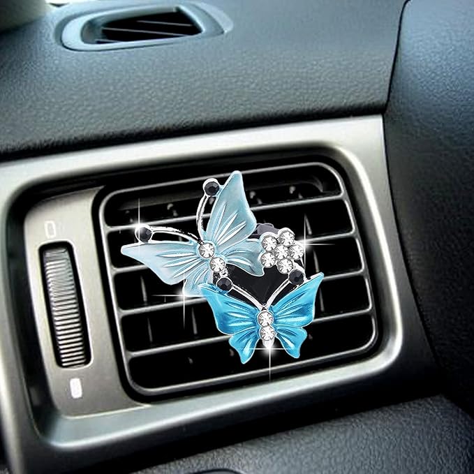 2Pcs Dual Butterfly Diamond Car Air Fresheners Vent Clips, Cute Dual Butterfly Air Vent Clips, Car Air Conditioning Outlet Clip Decorative Interior Accessories(Blue)