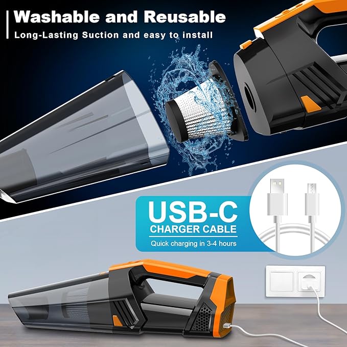 Car Vacuum Portable with LED Light, High Power Suction, Lightweight Rechargeable Hand Vacuum, Hand Held Vacuum Cleaner for Car Home Office, Pet Hair, Orange