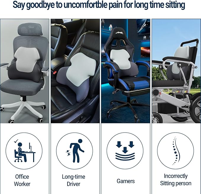 Long Back Lumbar Support Pillow - Fully Entire Back Support - Back Pain Relief and Posture Improved - Memory Foam Back Pillow Cushion for Office Chair, Gaming Chair, Recliner, Car Driving, Grey