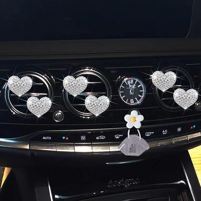 Bling Heart Air Vent Clips, 6 Pcs Silver Heart Cars Air Fresheners Vent Clips Car Diffuser Vent Clip Diamond Car Decoration Cars Interior Decor Cute Car Accessories for Women Girls + Flower Mask Hook