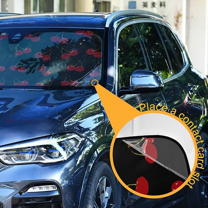 Red Cherry Black Car Windshield Sun Shade Foldable UV Ray Sun Visor Protector Sunshade to Keep Your Vehicle Cool (55" x 27.6")