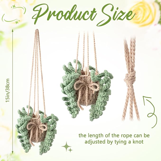Cute Crochet Plant Car Freshener 12ml Empty Refillable Diffuser Bottle with Plants Hanging Accessories for Rearview Mirror Home Office Decor Women Mother's Day Gifts(Fern)