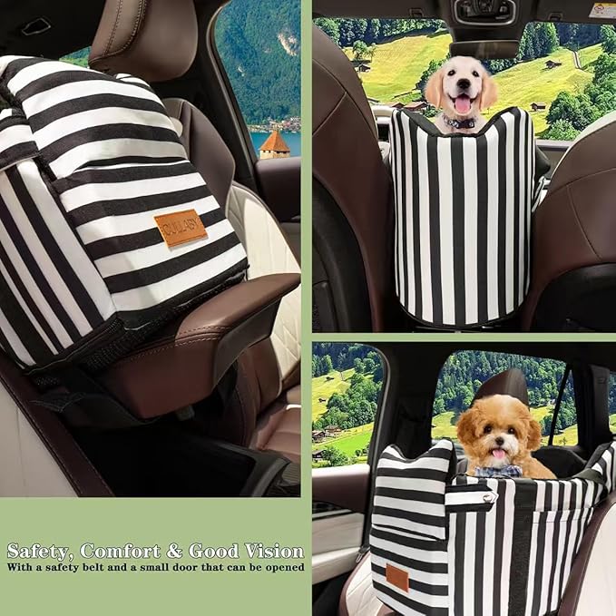 Cullaby Dog Car Seat for Small Dogs Under 15 lbs – Center Console Pet Carrier with Safety Belt, Storage Pockets, Removable Washable Cover – B&W Stripes, Secure & Comfortable for Small Puppies/Cats