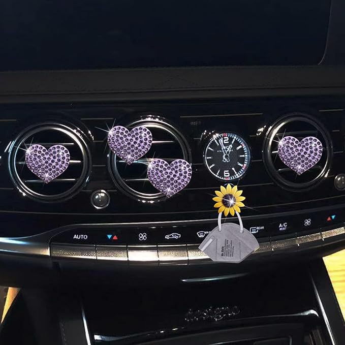 Purple Heart Air Vent Clips, 4 Pcs Bling Heart Car Air Fresheners Vents Clips Diffuser Diamond Interior Decor Cute Daisy Accessories Car Decoration for Women + Mask Hook