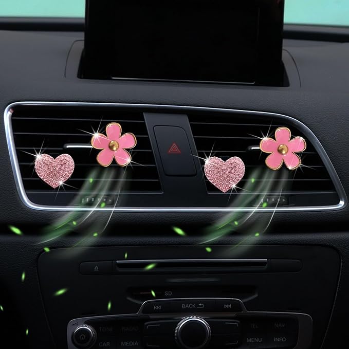 4PCS Car Air Vent Clips with Fragrance Pads, Cute Flower Car Air Fresheners Vents Clips Diamond Vent Clip Auto Interior Decor Charm Bling Auto Accessories Decoration for Women (Pink)
