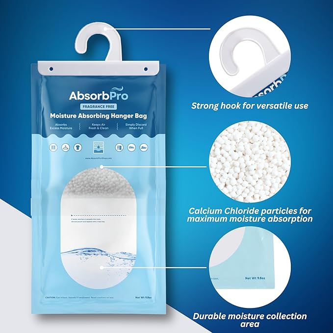 Moisture Absorbing Hanger Bag Fragrance Free - 10-Pack - 9.8 oz Hanging Dehumidifying Packs for Home, Kitchen, Bedroom, Bathroom, Closet, Rooms, Cars