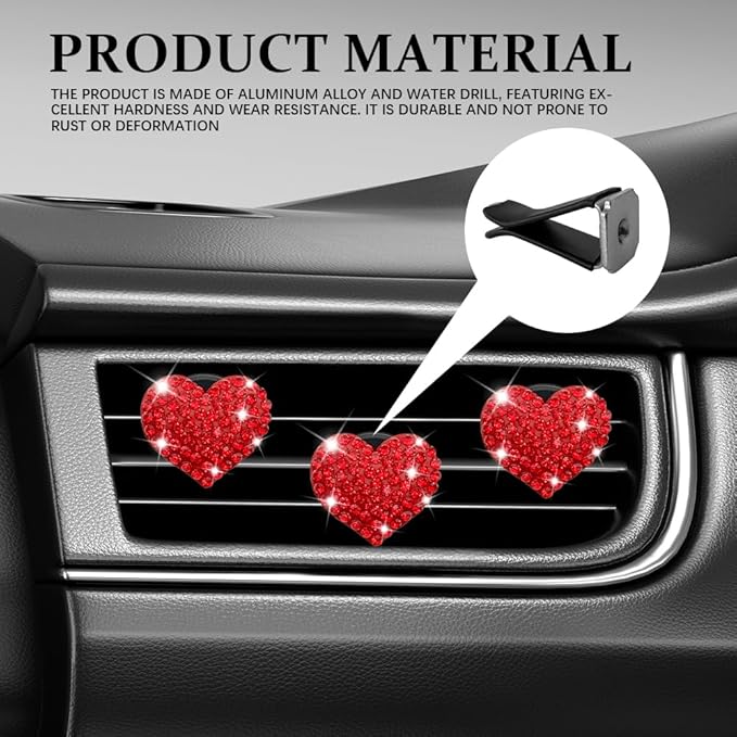 4PCS Heart-Shaped Car Vent Clip with Rhinestone, Vent Clip Car Accessories, Sparkly Rhinestone Bling Diamond Freshener Holder, Air Conditioning Outlet Ornament for Women Girls (Red, Style1)
