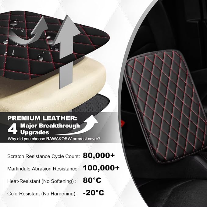 Upgraded Car Center Console Cover Fit for Avalon Faux Leather Car Armrest Cover Cushion with 2 Storage Bags,Car Armrest Storage Box Interior Accessories(Black&Redline)
