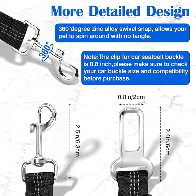 Black Adjustable Dog Car Safety Seat Belt with Elastic Cushion Leash & Anti-Tangle Metal Buckle