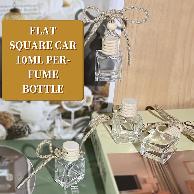 20PCS Mini Flat Square Car 10ML Perfume Empty Bottles with Gold Wire Rope Flat Square Bottles-10ml Car Diffuser Bottles for Essential Oils-Essential Oil Car Freshener-Hanging Car Air Freshener