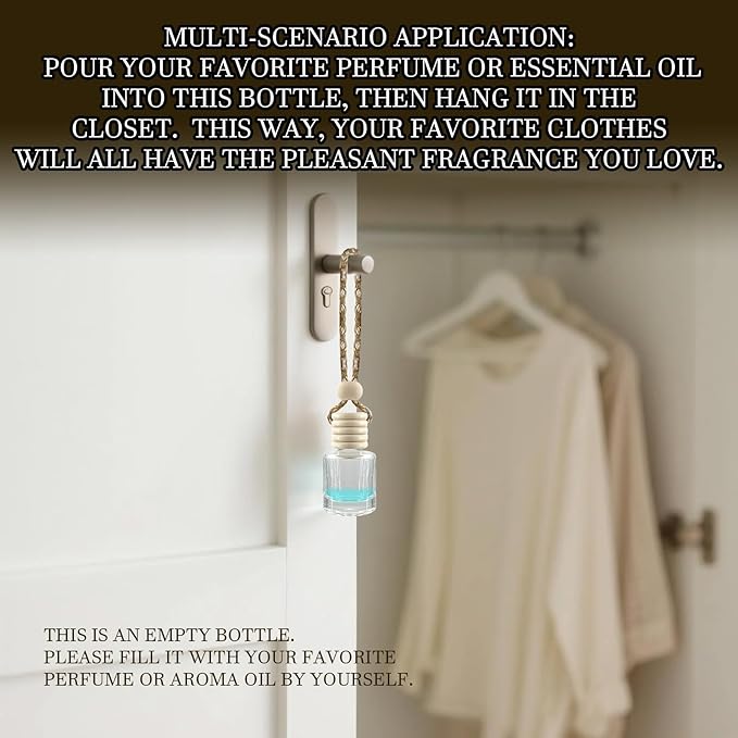 4Pcs Hanging Car Air Freshener, Empty Glass Perfume Bottle Pendant with Wooden Cap, Refillable Drift Freshener Diffuser for Essential Oils - Car Accessories for Women Men-Cylindrical