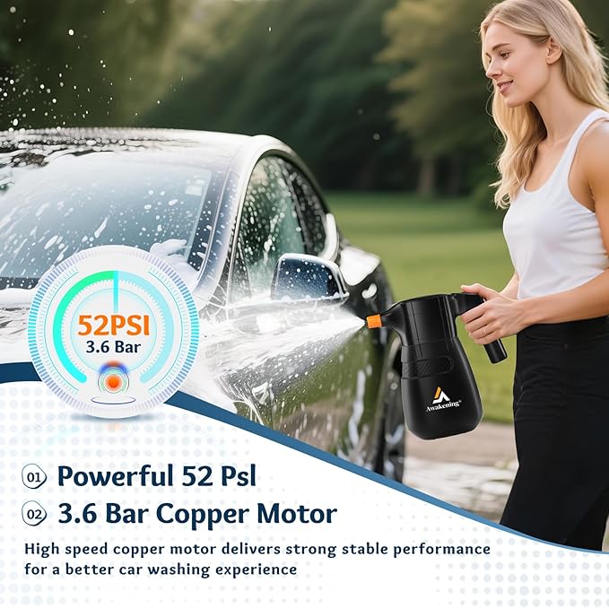 Awakening 2L Electric Foam Sprayer, Cordless Car Foam Cannon, 68oz Rechargeable Battery Foam Blaster, 52PSI Portable Electric Foam Cannon for Auto Car Detailing