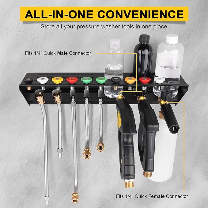 Pressure Washer Gun & Foam Cannon Holder with 1/4 Inch Quick Connector, Wall-Mounted Nozzle Tip & Extension Wand Organizer for Pressure Washer Parts & Accessories