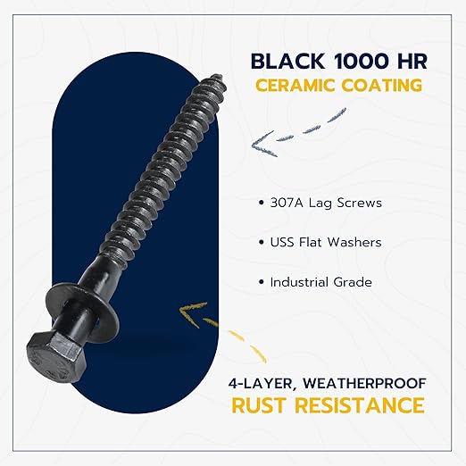 3/8 x 4 (50 Pack) Lag Screw Kit, 50 Screws and 50 Washers, Ceramic Black Ruspert Coating for Exterior Use, Meets ASTM A307 and ASME B18.2.1, Industrial/Commerical Grade by Makers Bolt