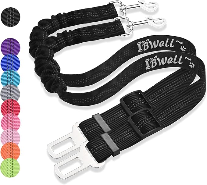 IBWell Dog Seat Belt for Car with Elastic Bungee Leash, Car Leash Car Seat Belt for Dogs (Black, 2PCS-27.6")