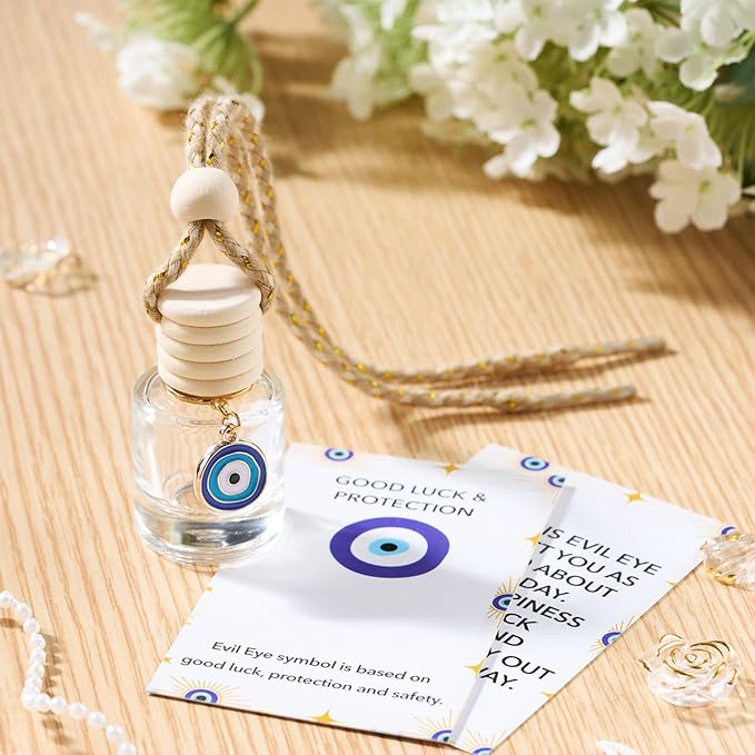 Qinyoung 30 Pack Employee Appreciation Gift Hanging Car Air Freshener Diffuser Bottles Empty Bulk Essential Oil Perfume Car Diffuser Pendant Bottle with Evil Eye Charms Gift for Valentines Galentines