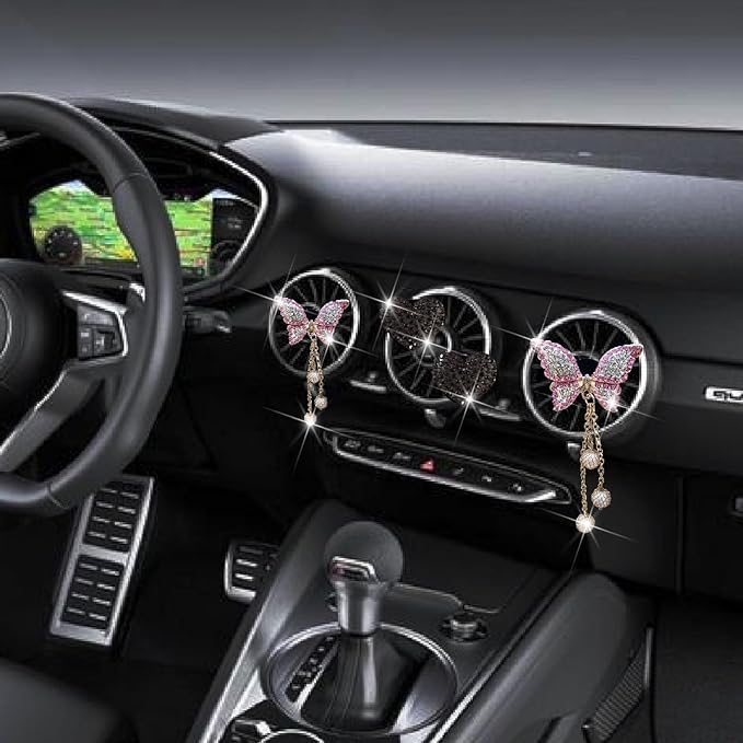 4 Pcs Pink Bling Butterfly and Heart Car Air Fresheners Vent Clips Diffuser Vent Clip Rhinestone Diamond Decoration Car Interior Decor Cute Accessories for Women, Automotive Air Fresheners (Black, 2)