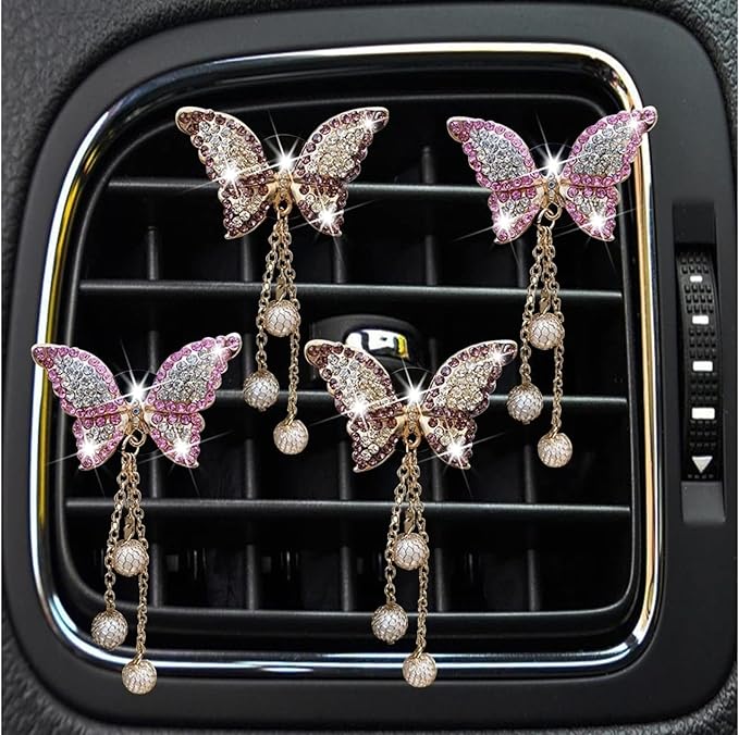 4Pcs Bling Butterfly Car Aromatherapy Air Vent Clips,Diamond Pearl Pendant Butterfly Air Fresheners Vent Clips Cars Decoration Cars Interior Decor Bling Car Accessories for Women, Interior Accessories