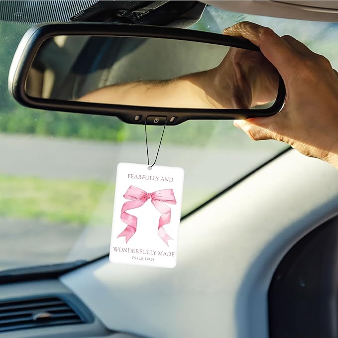 Coquette Pink Bow Christian Lavender Car Air Freshener 4 Pcs, Cute Girly Bible Verse Air Freshener Hanging Decor for Cars Closet Drawer Books, Christian Areadeodorizer Gifts for Women Girls