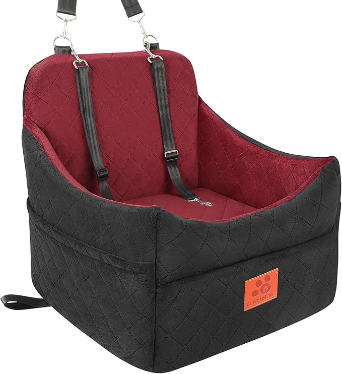 Dog Car Seat for Small/Medium Dogs, Dog Booster Car Seats with Thick Cushion for Dogs Under 35lbs, Detachable Washable Pet Carseat with Storage Pockets, 2 Safety Belts(Black/Red)