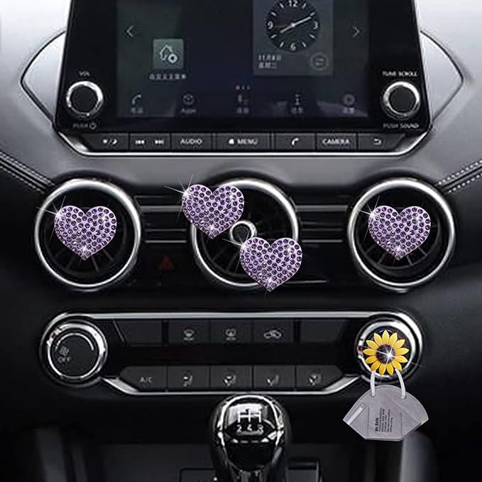 Purple Heart Air Vent Clips, 4 Pcs Bling Heart Car Air Fresheners Vents Clips Diffuser Diamond Interior Decor Cute Daisy Accessories Car Decoration for Women + Mask Hook