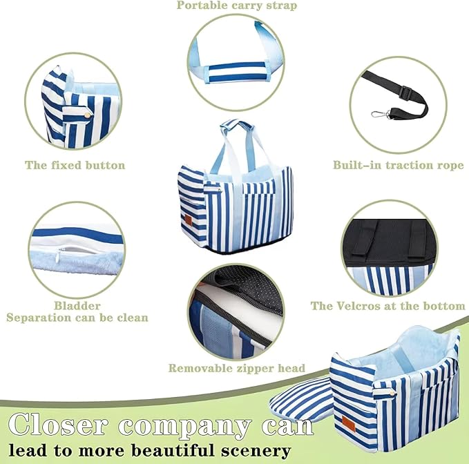 Cullaby Console Dog Car Seat - Portable Dogs Armrest Booster Seat for Small Dog, Anti-Collapse Pet Car Seat with Soft Cushion Safety Belt, Support Pet Up to 15lbs (Blue& White Stripes)