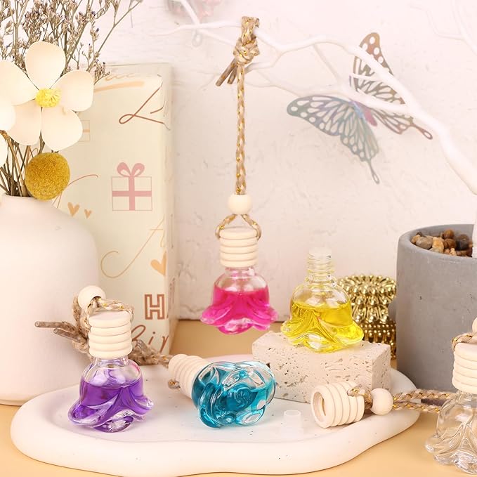 50 Pcs 8ml Hanging Car Air Freshener Diffuser Empty Clear Glass Essential Diffuser Oil Aromatherapy Fragrance Perfume Pendant Rose Shape with Wooden Cap Hanging String Car Diffuser Bottle