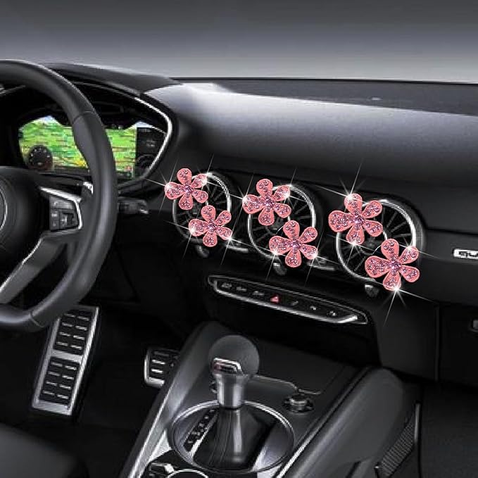 6 Pcs Pink Bling Flower Air Vent Clips, Cute Daisy Car Air Fresheners Vents Clips Car Diffuser Rhinestone Interior Decoration Charm Diamond Car Decor Bling Accessories for Women Girls, Decorations