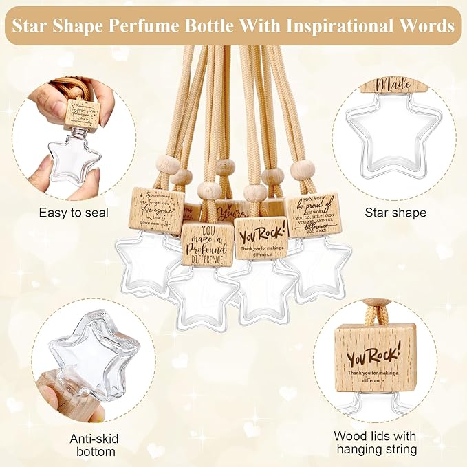 20 Pcs Star Shaped Car Fragrance Diffuser Bottle Bulk - Appreciation Gifts Set Hanging Glass Diffusers with Inspirational Message for Coworker Teacher Staff Thank You Gift (Employee)