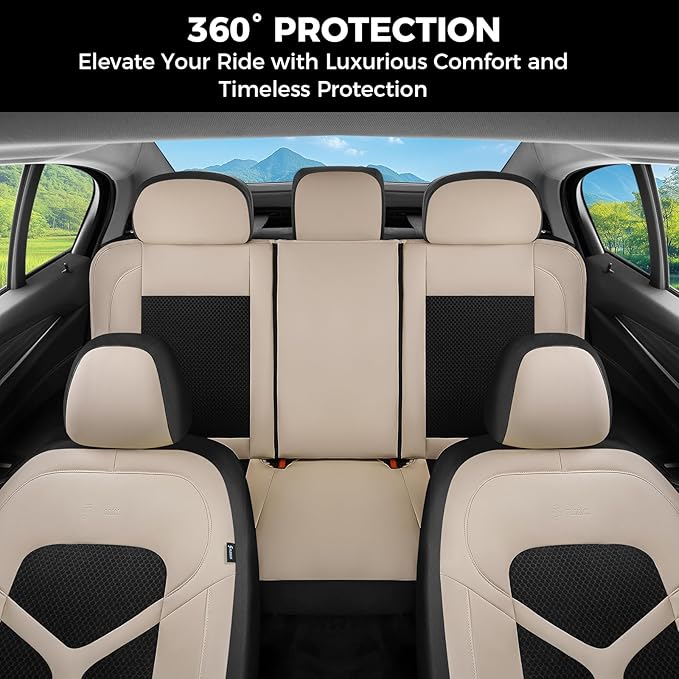 FLORICH Car Seat Covers Full Set, Universal Seat Cover 5 Seats, Automotive Seat Covers with Mesh Leather, Waterproof Car Seat Protector, Breathable Car Seat Cushion for Most Car SUV Truck, Beige