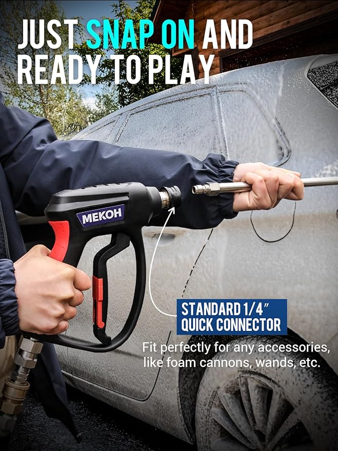 MEKOH Short Pressure Washer Gun with Swivel, 5000 PSI High Power Washer Spray Gun, 10 GPM Foam Gun with 3/8" Quick Connect, M22-14mm for Extension Wand, Hose, Pressure Washer Handle with 5 Nozzle Tips