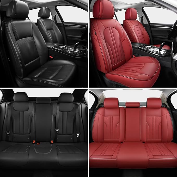 Red Car Seat Covers,Leather Car Seat Cover, Waterproof Seat Covers Full Set, Fit RAV4 Accord Altima Rogue CX5 CRV Wine Red