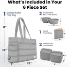 rubyloo Puffer Dog Travel Bag for Dog Moms – Doggy Diaper Bag with Pet Bowls & Food Storage or Everyday Puffy Tote – Doggy Mom Gifts for Women – Lightweight, Travel-Ready Gift for Pet Lovers - Grey