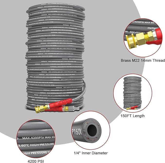 Pressure Washer Hose 150ft, 4200PSI 1/4 Inch Kink Resistant Power Washer Extension Hose, Flexible Heavy Duty Replacement Hose, Compatible with M22 14mm Fittings, High Tensile Wire Braid